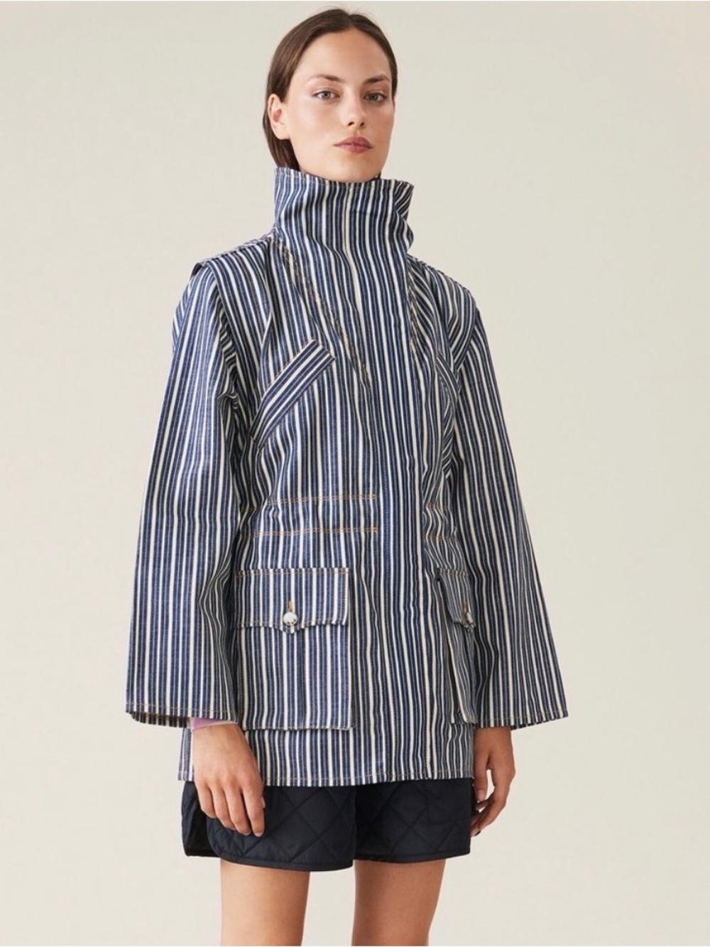 Ganni Striped High-Collar Jacket - Blue/White